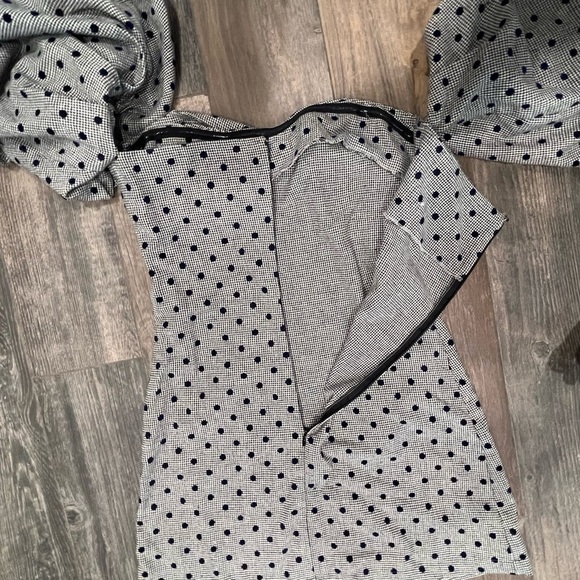 Eggie Delilah Gray Polka Dot Off Shoulder Puff Sleeve Mini Dress Wool Blend S - Picture 10 of 10